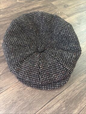 Vintage Eddie Bauer Harris Tweed Newsboy Cap Black White Speckled Wool Flat Cabb